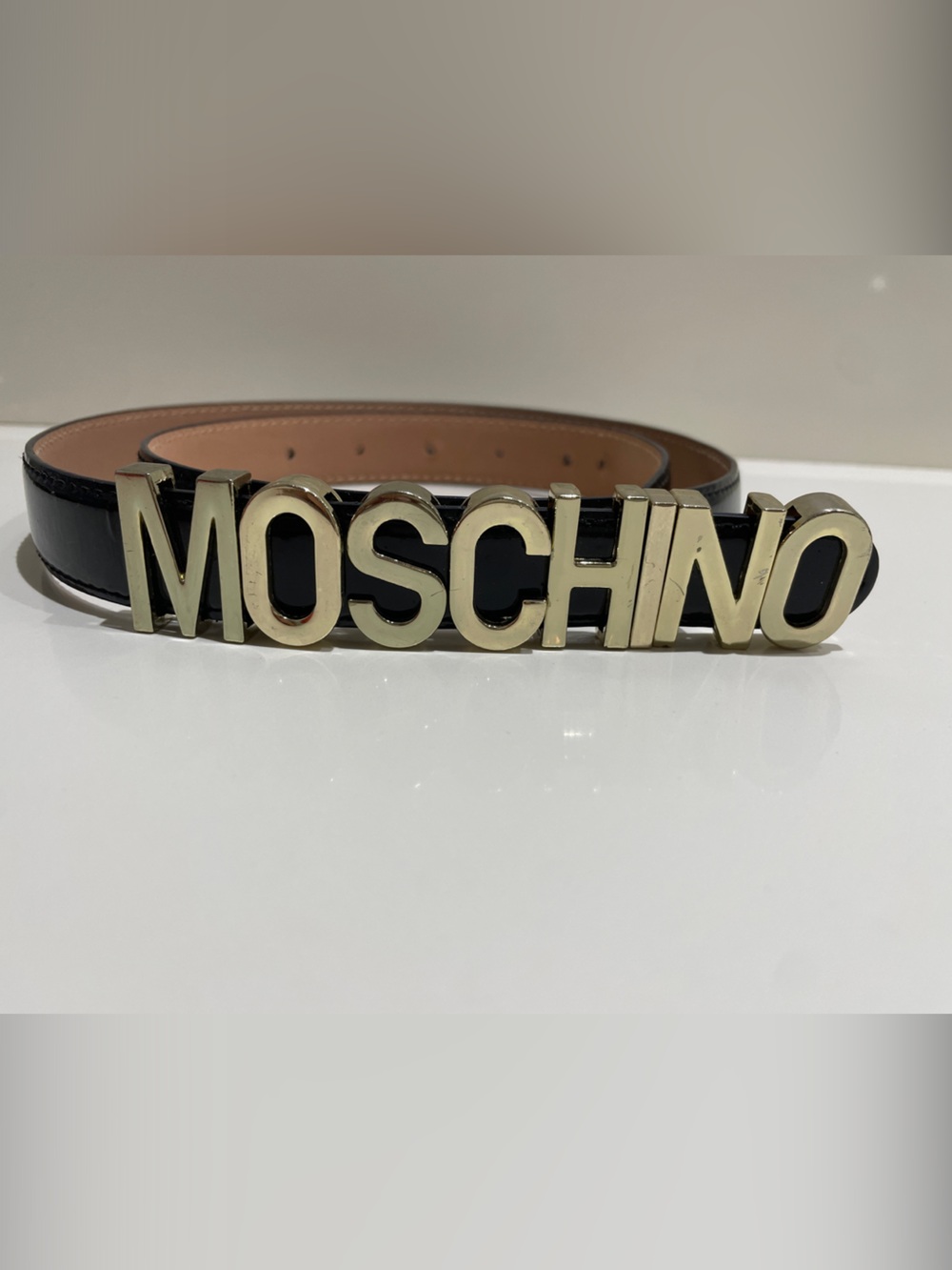 Moschino Black Leather Belt with Gold Logo Buckle